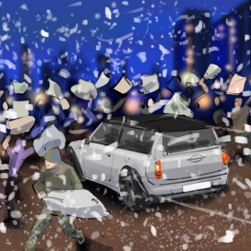 Pillow fight on the street Pillow fight on the street